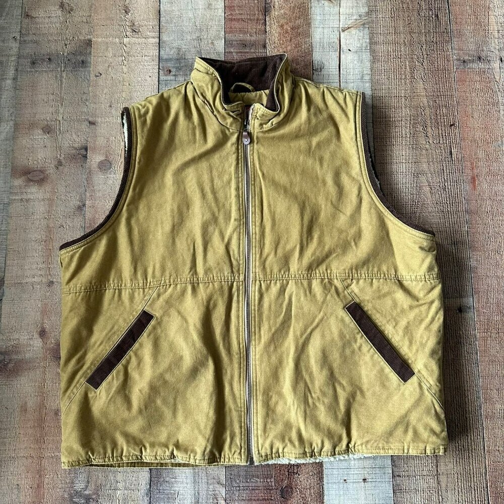 Wrangler Hero Mens XL Khaki Sherpa Lined Warm Vest Zipper Front & Pocket Accents